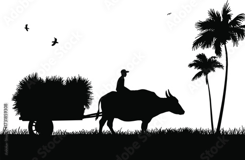 Bullock cart silhouette illustration, traditional rural scene, countryside lifestyle artwork, manual transport concept, sustainable farming and nature icon