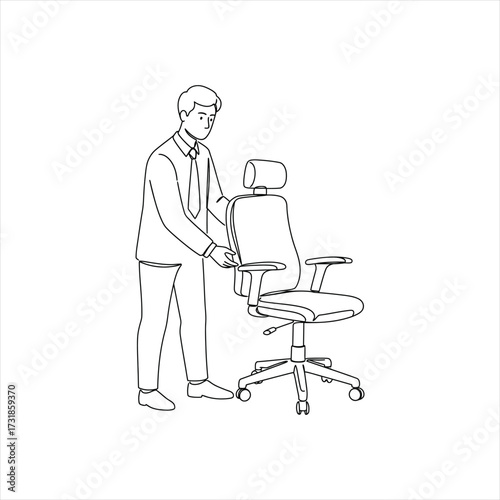 Professional businessman adjusting ergonomic office chair, promoting comfort and productivity in the workplace
