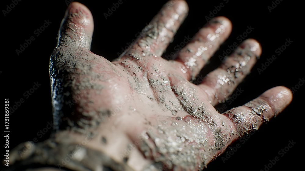 Fototapeta premium Open Dirty Hand Palm Up with Dark Mud on Fingers Against Black