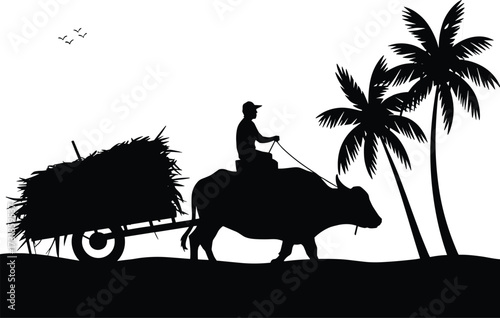 Buffalo cart silhouette illustration, traditional rural transport scene, countryside lifestyle artwork, manual farming concept, nature and heritage icon