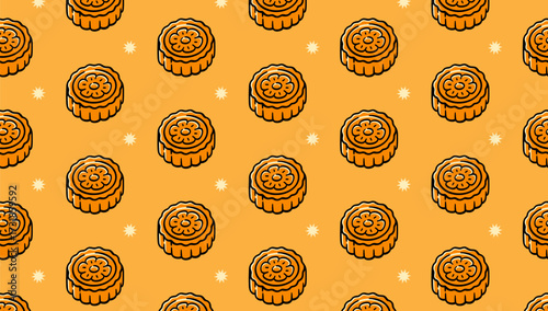 Mooncake chinese dessert with star colorful pattern on yellow background. Lotus seed cake doodle seamless pattern background. Flower bud cake snack isolated motif for bakery and pastry merchandise
