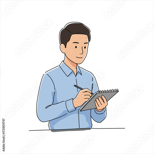 Professional businessman thoughtfully taking notes with a pen on a notepad for creative planning or to-do lists in a bright, modern office setting