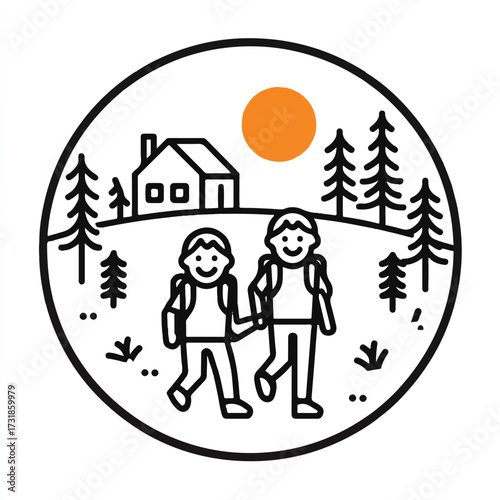 Illustration of two young hikers holding hands with house trees and sun in circle