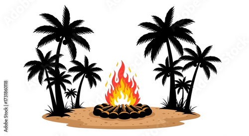 Bonfire on sandy ground surrounded by black palm trees