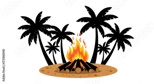 Bonfire on sandy ground surrounded by black palm trees