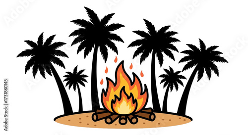 Bonfire on sandy ground surrounded by black palm trees