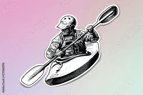 Ink illustration of a determined kayaker paddling with focus and skill on a gradient backdrop design element