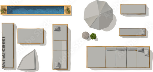 Overhead view of outdoor furniture and pool isolated on white