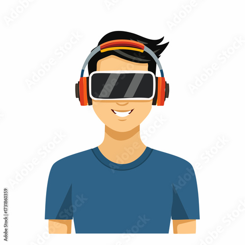 Virtual Reality Concept Illustration A Smiling Person Wearing a VR Headset and Headphones, Vector Graphic