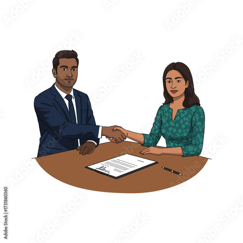 Happy businessman and businesswoman shaking hands over contract for collaborative partnership, sealing a deal in a bright modern office setting
