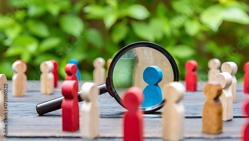 Magnifying glass highlights a blue wooden figurine among group. Concept of recruitment, customer analysis, targeted marketing, leadership, HR management, business strategy, team selection, observation