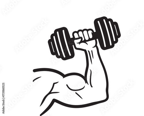 Strong arm lifting dumbbell vector illustration of muscular strength isolated on white background
