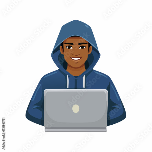 A friendly digital expert in a hoodie with a laptop, this engaging vector illustration showcases a conceptual flag of technology and coding prowess