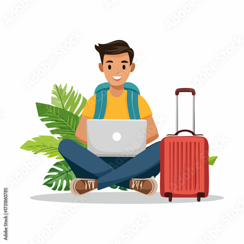 Cheerful young traveler with a laptop and suitcase books a trip online, a vibrant vector character illustration waving a metaphorical flag for the modern digital nomad lifestyle