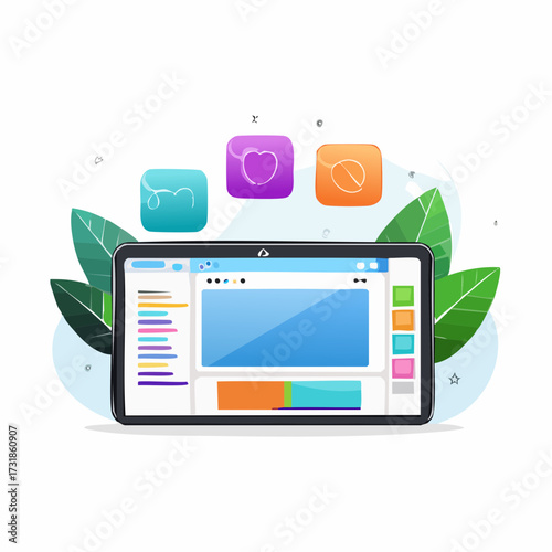 Online project management concept vector illustration, a man sits at a desk to flag and confirm tasks on a mobile application user interface