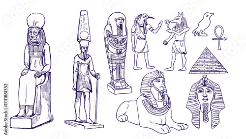 Twenty two hand drawn set of egyptian tribal drawing isolated on white background