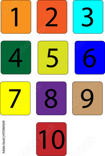 Ten vivid, distinct square buttons displaying numbers one through ten, ideal for educational content, simple counting visuals, or versatile graphic elements in digital and print designs