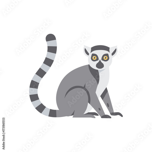 Flat vector illustration of a ring-tailed lemur in sitting position, gray body with striped tail, simple yet natural design, isolated