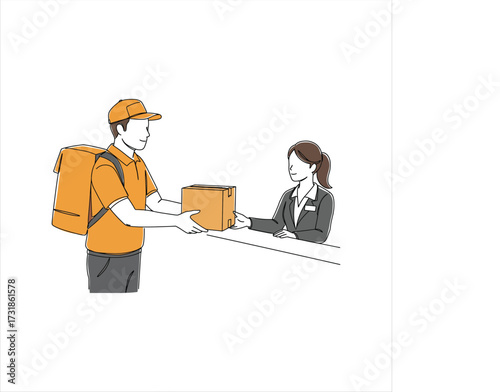 Delivery person handing package to businesswoman at reception desk, representing fast shipping and reliable service
