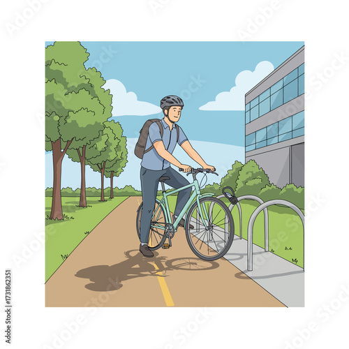 Professional commuter cycles to work in modern city setting, promoting healthy lifestyle and sustainable transportation options
