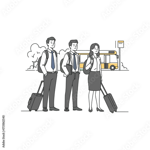 Business professionals waiting for public transport with luggage, ready for travel, commuting to work, or business trips