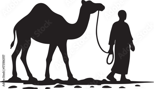 Black Silhouette of Man Leading Dromedary Camel  Desert Travel Vector