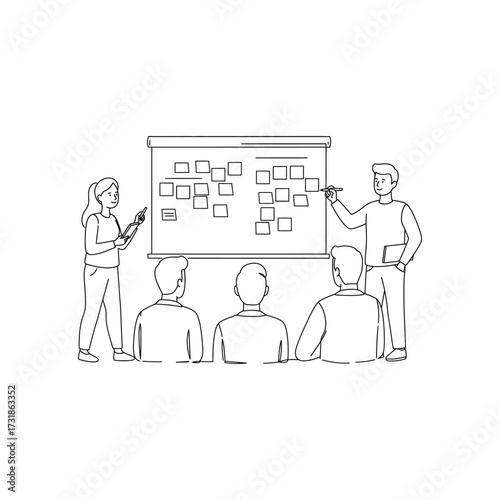 Team collaborating on strategy at a business presentation, brainstorming ideas with whiteboard and tablet in a modern office setting