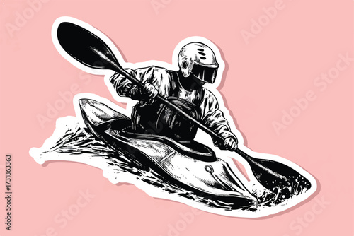 Kayaker navigating rough waters illustration showcasing determination skill and outdoor adventure on pastel background