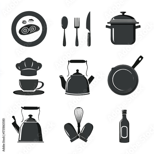 Kitchen Utensils and Food Items Illustration Collection Black and White Culinary Art Design