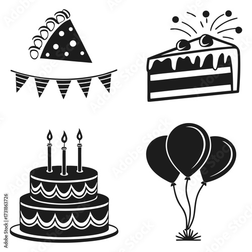 "Minimalist Black & White Birthday Icons , Modern Vector Bundle for Any Celebration. 