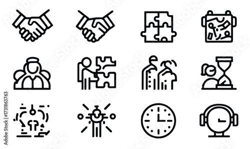 Line art collection of business development concepts illustrating various aspects and scenarios of company growth and innovation