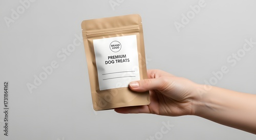 Hand holding a packet of premium dog treats against a neutral background, showcasing product design