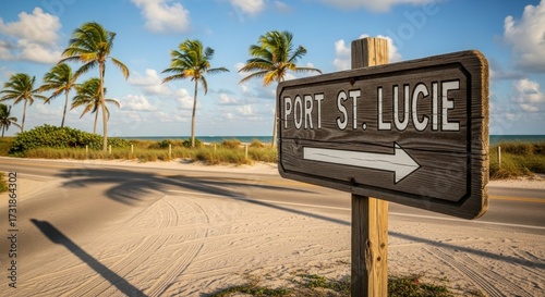 Port St. Lucie road sign on a picturesque coastal highway with palm trees