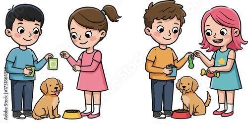 Children training dogs illustration, kids with pets, positive reinforcement, responsible pet care,