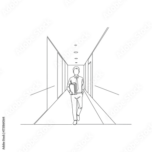 Professional businessman walking confidently down modern office corridor, carrying documents, ready for success and important meetings