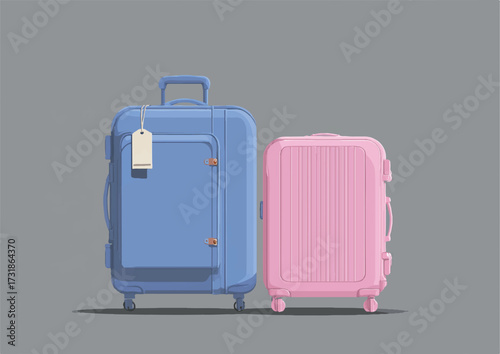Matching luggage set featuring a blue suitcase with a tag and a pink suitcase ready for vacation
