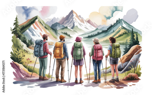 Hikers admire majestic mountain landscape at scenic overlook outdoor adventure painting