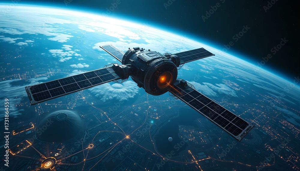 Obraz premium A futuristic satellite orbits Earth, capturing data and transmitting signals above the planet.