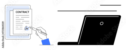 Hand signing contract with pen, laptop representing communication and workflow. Ideal for business, legal documentation, digital workflow, e-signature, remote work, agreement management, simple flat