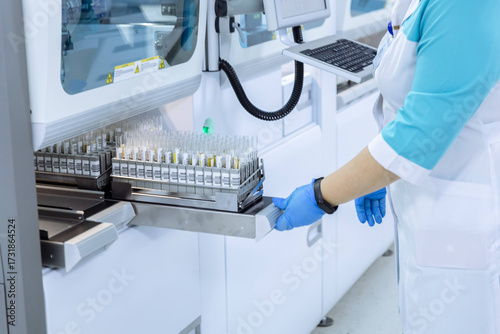 Tableau sur toile Science, blood test and hands of person with sample for biotech engineering, pathology and hematology research