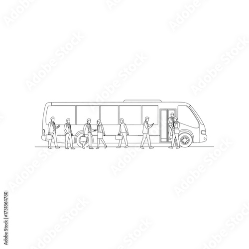 Commuting professionals boarding bus, traveling to work, using phones, with briefcases, stylish business attire, modern transportation