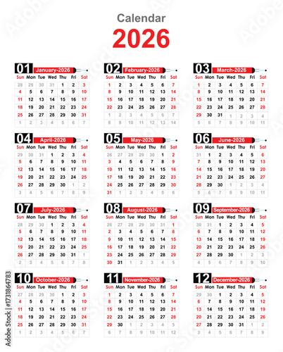 Monthly calendar date plan 2026 year. Diary planner layout 2026. Annual Calendar planner 2026 vector