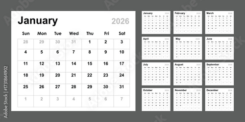 Monthly calendar planner 2026 year. Diary planner for 2026. Annual Calendar planner 2026 Template. 