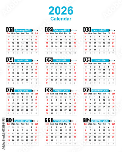 Monthly calendar date plan 2026 year. Diary planner layout 2026. Annual Calendar planner 2026 vector