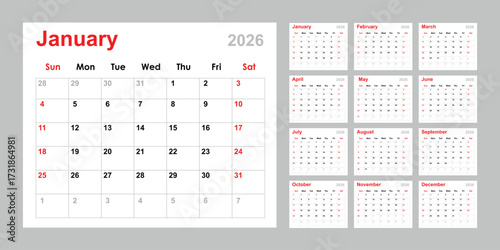 Calendar 2026, yearly calendar vector in 2026, calendar template, calendar planner 