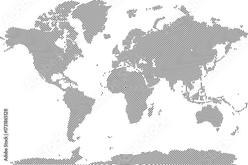 Dotted shape vector world map design. Circle dot shape continents in a new light. Round line shape world map with circle shapes. A geographic map with a focus on abstract patterns and design lements.