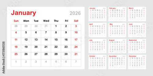 Monthly calendar layout 2026 year. Diary planner 2026 year. Week Starts Sunday.