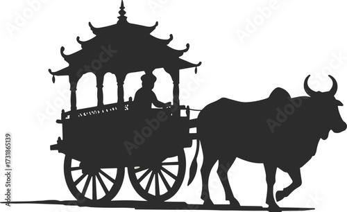 Ox-cart with pagoda roof silhouette illustration, traditional ceremonial transport scene, cultural heritage artwork, rural mobility and architecture icon