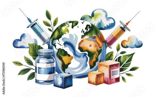 Global vaccination effort illustrated with earth syringes vials clouds and leaves promoting health