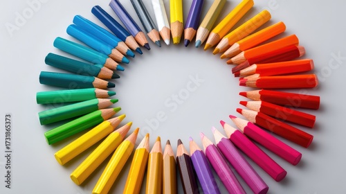 A Vibrant Display of Colored Pencils Arranged in a Circular Pattern Showcasing a Spectrum of Colors from Green to Red Against a Minimalist Background